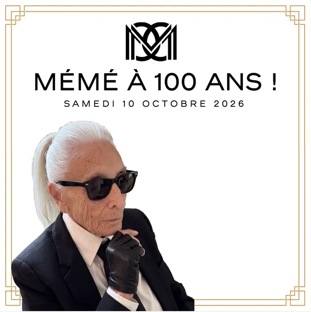 Invitación de la fiesta: «Mémé à 100 ans !», con el retrato de Mémé con gafas de sol